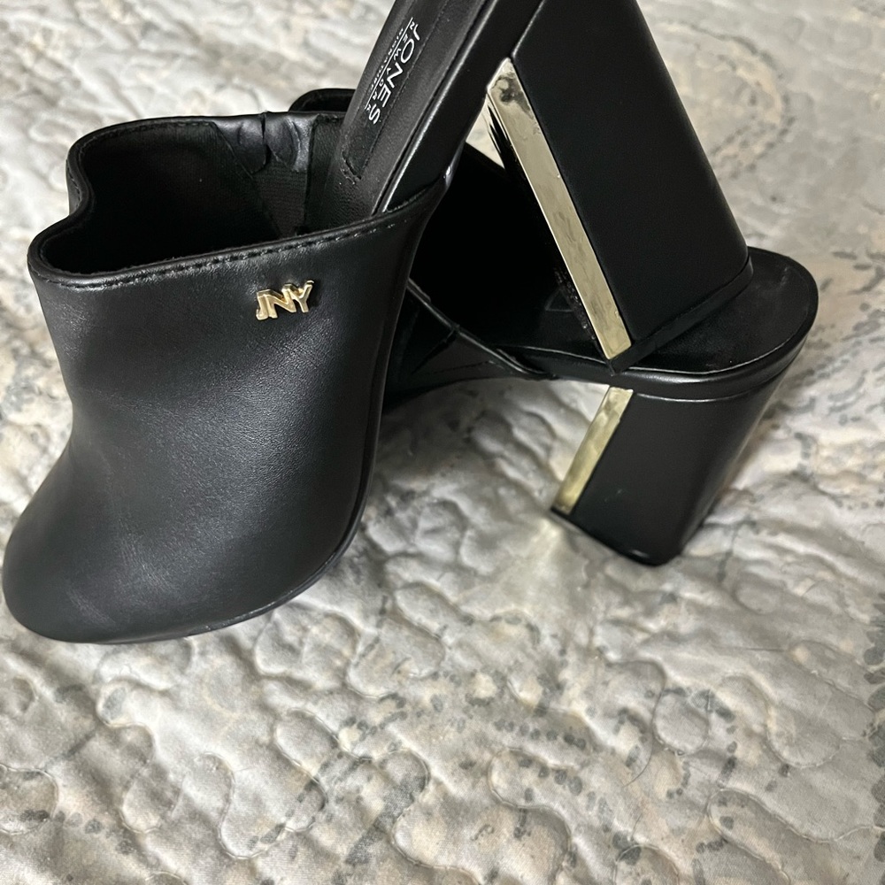 Jones New York - black leather mules with gold accents
